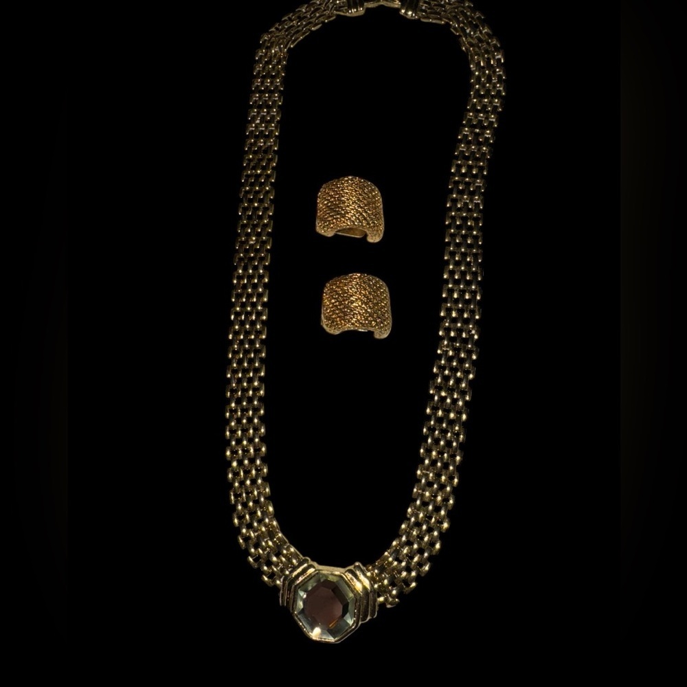 Vintage SAL center crystal necklace-stamped Gold Tone-vintage clip on earrings